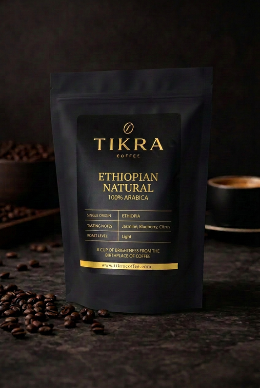 Tikra Ethiopian Natural single origin, 100% Arabica coffee jasmine, blueberry & citrus notes